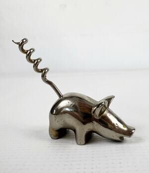 Vintage Metal Silver Pig Corkscrew Curly Tail Wine Bottle Opener